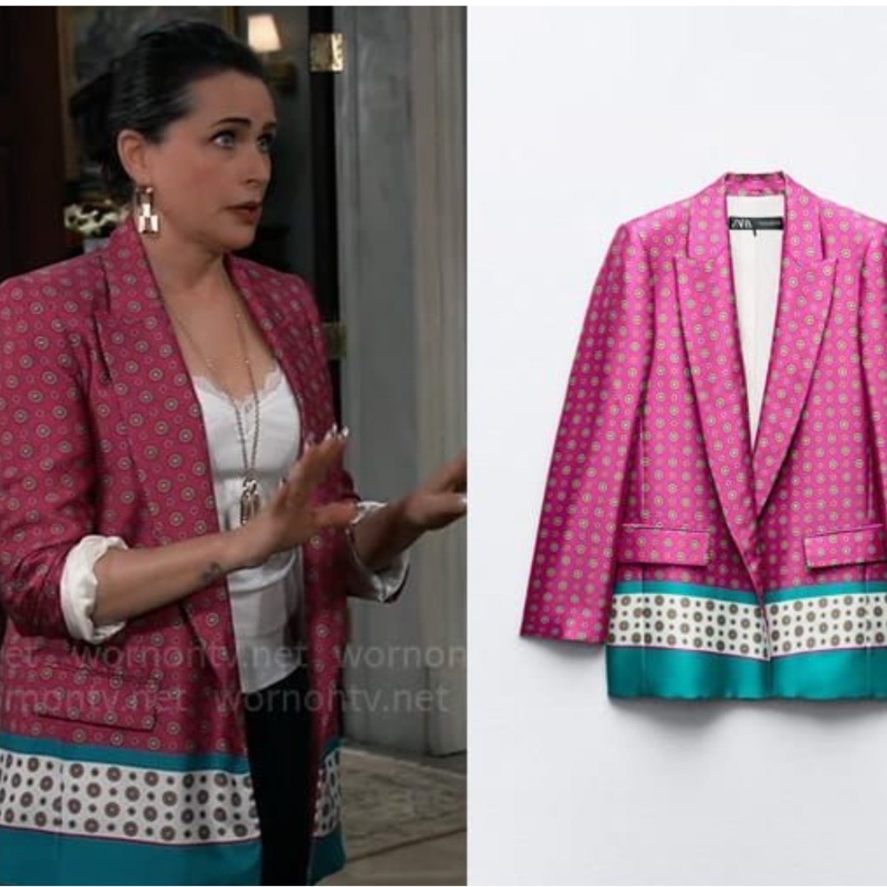 Zara Pink and Teal Patterned Blazer printed satin jacket